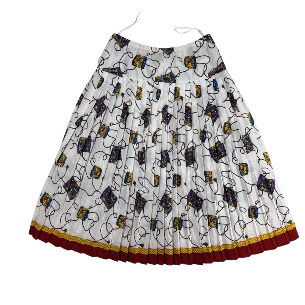 Vintage Pleated Midi Skirt with Sash White Multicolor Made in USA